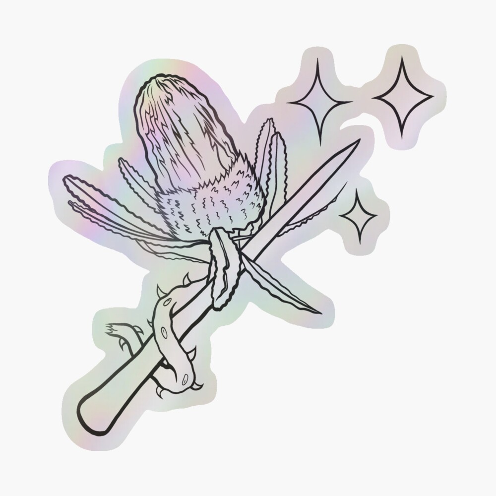 a holographic sticker of a banksia flower entwined around a magic wand