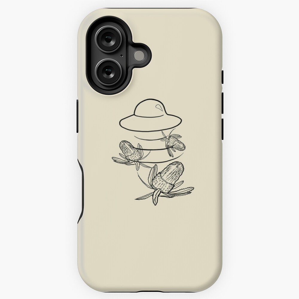 an iphone case patterned with a flying saucer beaming up banksia flowers